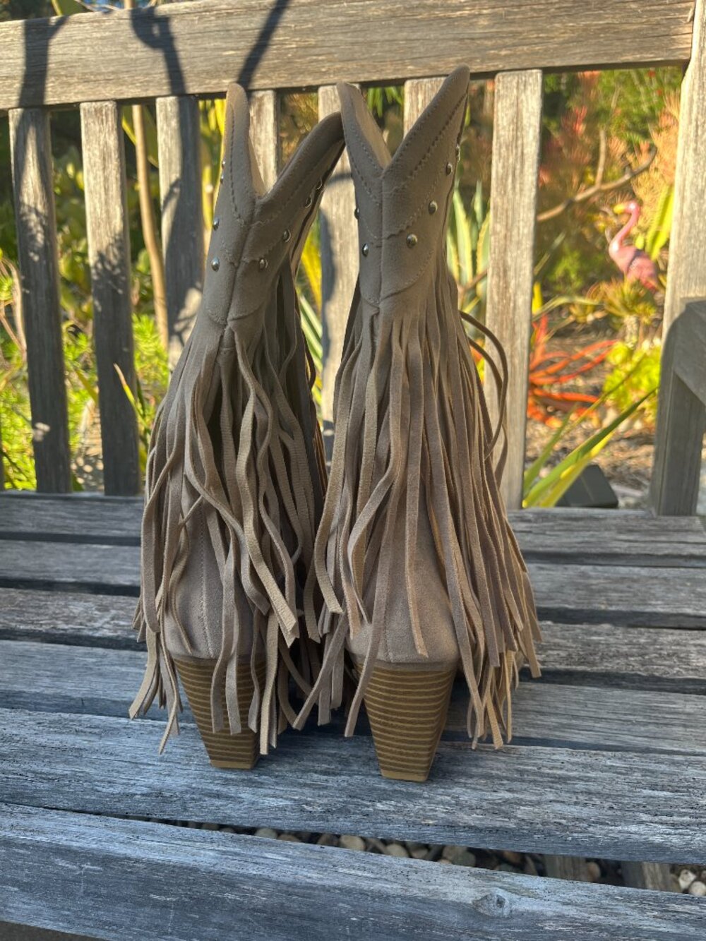 Forever Tan Faux New Suede/Leather Layered Fringe Boots, Size 9 - Picture 6 of 11